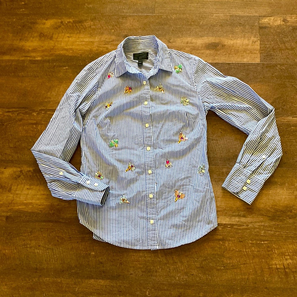 RARE J.Crew Pinstripe Oxford “Perfect” Shirt with Gem Winged Insects Size 00